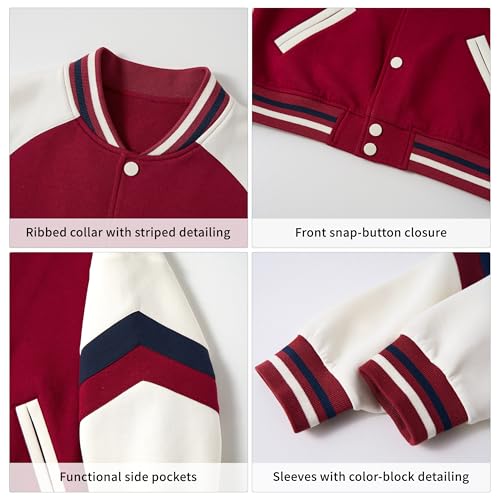 Rolanko Kids Varsity Jackets Girls Baseball Bomber Color Block Letterman Jacket Outwear With Pockets (Red, 12-13 Years) - Image 5
