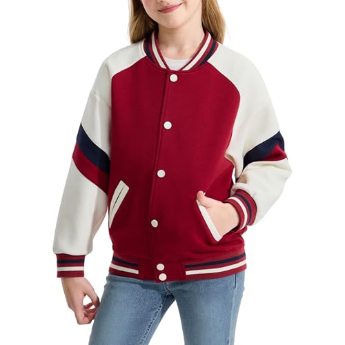 Rolanko Kids Varsity Jackets Girls Baseball Bomber Color Block Letterman Jacket Outwear With Pockets (Red, 12-13 Years) - Image 1