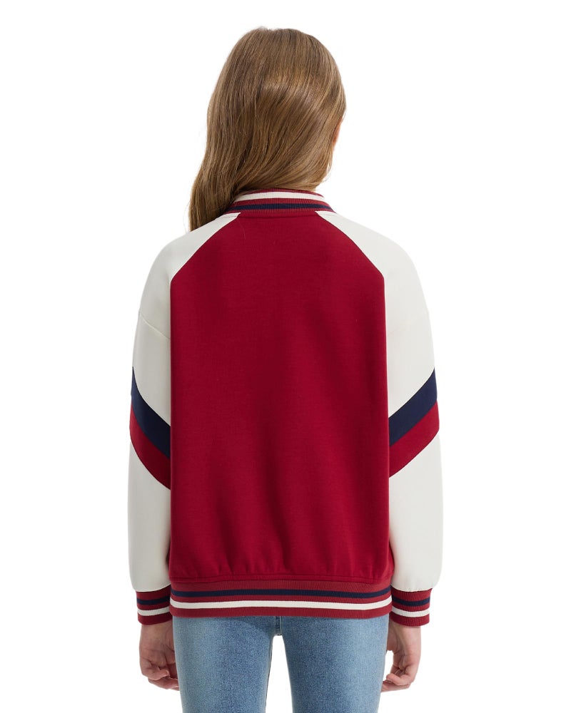Rolanko Kids Varsity Jackets Girls Baseball Bomber Color Block Letterman Jacket Outwear With Pockets (Red, 12-13 Years) - Image 4