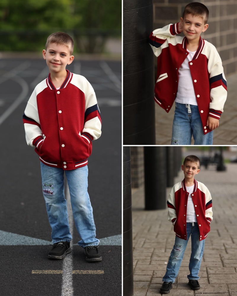 Rolanko Kids Varsity Jackets Girls Baseball Bomber Color Block Letterman Jacket Outwear With Pockets (Red, 12-13 Years) - Image 3