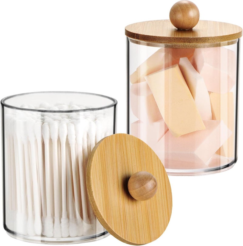 Soko 2 Pack Qtip Holder with Bamboo Lids, Cotton Swab Storage Dispenser, Acrylic Vanity Countertop Cosmetic Makeup Organizer - Bathroom Canister Accessories Set for Ball, Pads, Floss, Earbud - 2 PC - Image 1