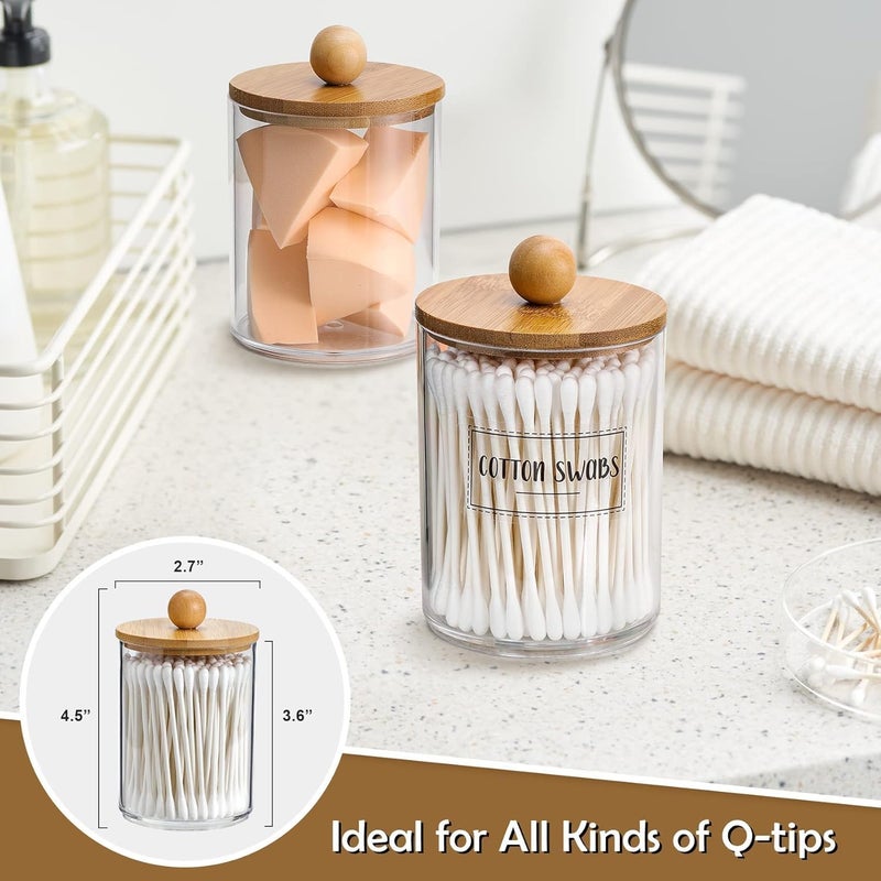 Soko 2 Pack Qtip Holder with Bamboo Lids, Cotton Swab Storage Dispenser, Acrylic Vanity Countertop Cosmetic Makeup Organizer - Bathroom Canister Accessories Set for Ball, Pads, Floss, Earbud - 2 PC - Image 2