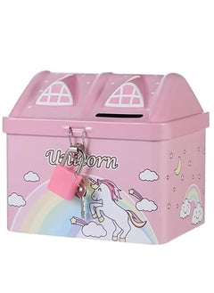 Rubik Money Bank with Padlock for Kids, Unicorn Metal House Cash Coin Savings Piggy Box (Pink)  - Image 1