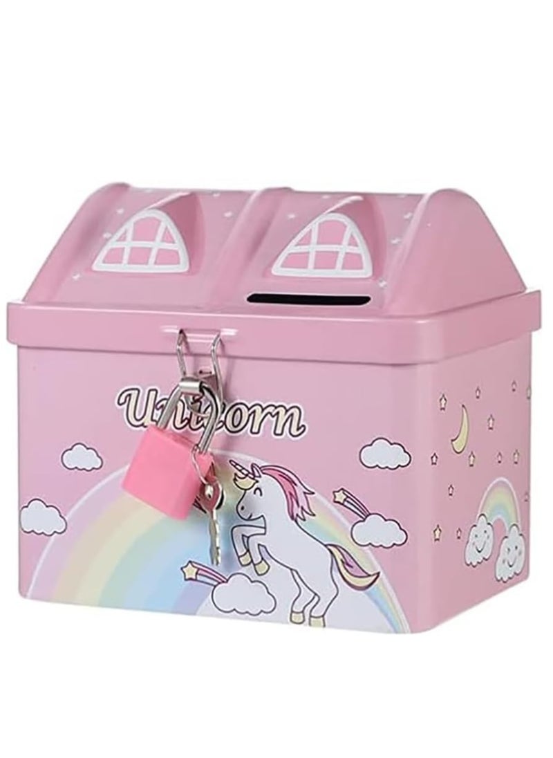 Rubik Money Bank with Padlock for Kids, Unicorn Metal House Cash Coin Savings Piggy Box (Pink)  - Image 1