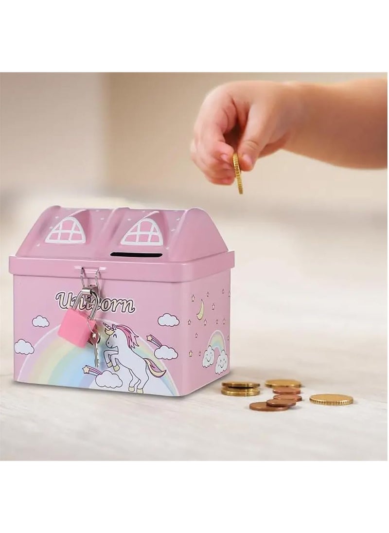 Rubik Money Bank with Padlock for Kids, Unicorn Metal House Cash Coin Savings Piggy Box (Pink)  - Image 3