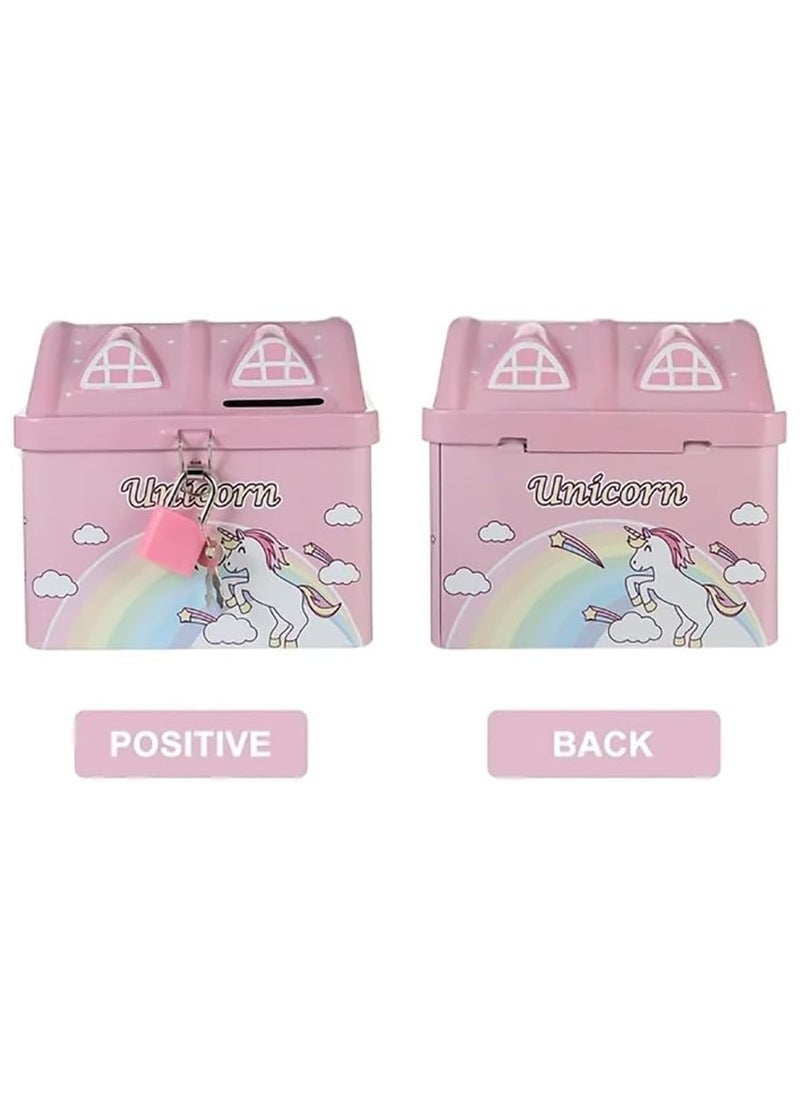 Rubik Money Bank with Padlock for Kids, Unicorn Metal House Cash Coin Savings Piggy Box (Pink)  - Image 5