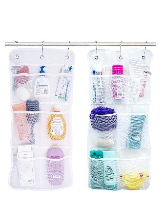 Shower Organizer, Shower Caddy or Bathroom Organizer with Quick Drying Mesh, 7 Pockets to Hold Shampoo, Soap, Loofah, and Cruise Ship Essentials, 14 Inch by 30 Inch, White, 2 Pack
