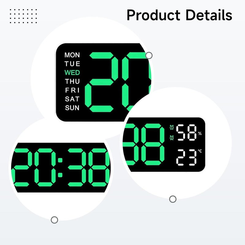 ساعة LED بحجم 9 بوصات تعمل بالطاقة الUSB، تحتوي على منبهين مزدوجين مع تعديل تلقائي للسطوع، يمكن تثبيتها على الحائط أو على المكتب، وتتميز بشاشة عالية الدقة. - Image 2