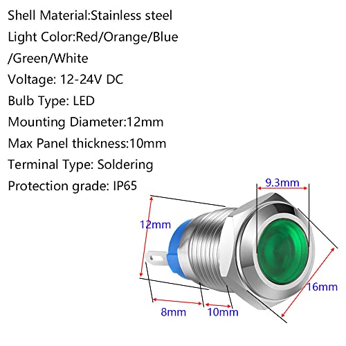 Gebildet 5pcs 12mm AC/DC 12-24V Stainless Steel Waterproof LED Indicator Light Metal Shell Pilot Custom Dash Signal Lamp Concave Head - Image 4