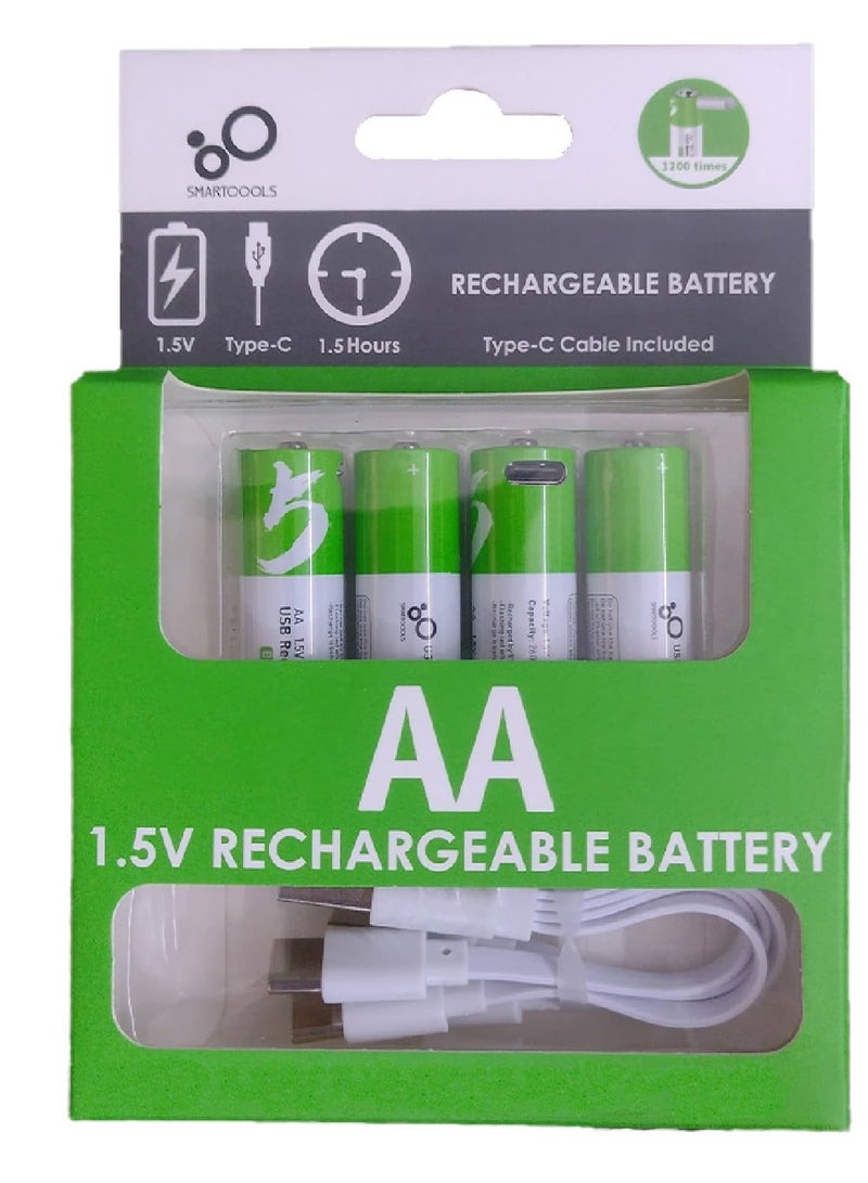 بطاريات AA قابلة لإعادة الشحن عبر USB   1.5فولت 2600 مللي أمبير في الساعة كابل شحن USB من النوع C سعة عالية 1200 دورة حماية من الشحن الزائد مع كابل شحن 4 في 1 عبوة من 4  - Image 1