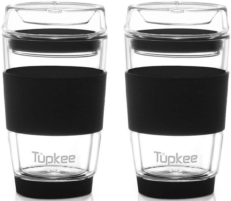 Tupkee Double Wall All Glass Tumbler  8Ounce Reusable Insulated TeaCoffee Mug  Lid Hand Blown Glass Travel Mug  Black  2 Pack