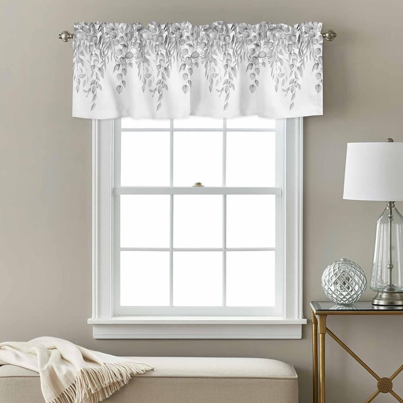 Eucalyptus Leaves Valances for Windows, Short Curtains for Kitchen/Bathroom, Grey Summer Botanical Weeping Rod Pocket Window Treatment for Living Room/Doorway/Bedroom/Cafe Decor Panel 60"x14" - Image 3
