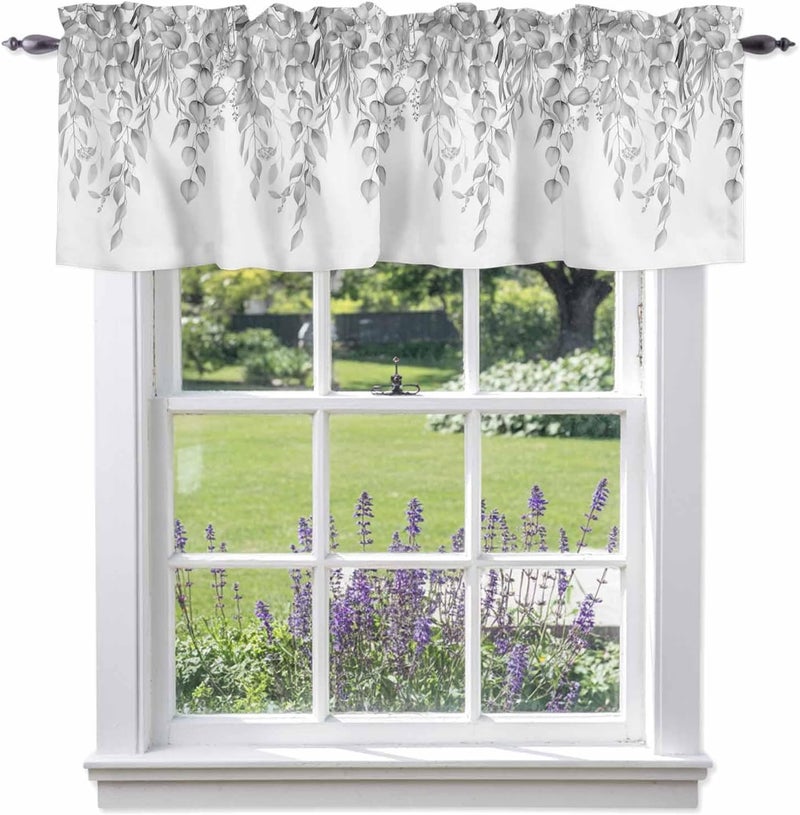 Eucalyptus Leaves Valances for Windows, Short Curtains for Kitchen/Bathroom, Grey Summer Botanical Weeping Rod Pocket Window Treatment for Living Room/Doorway/Bedroom/Cafe Decor Panel 60"x14" - Image 1