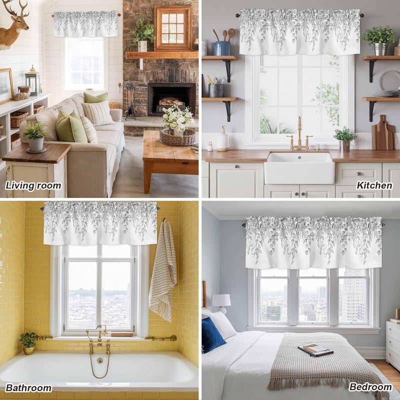 Eucalyptus Leaves Valances for Windows, Short Curtains for Kitchen/Bathroom, Grey Summer Botanical Weeping Rod Pocket Window Treatment for Living Room/Doorway/Bedroom/Cafe Decor Panel 60"x14" - Image 5