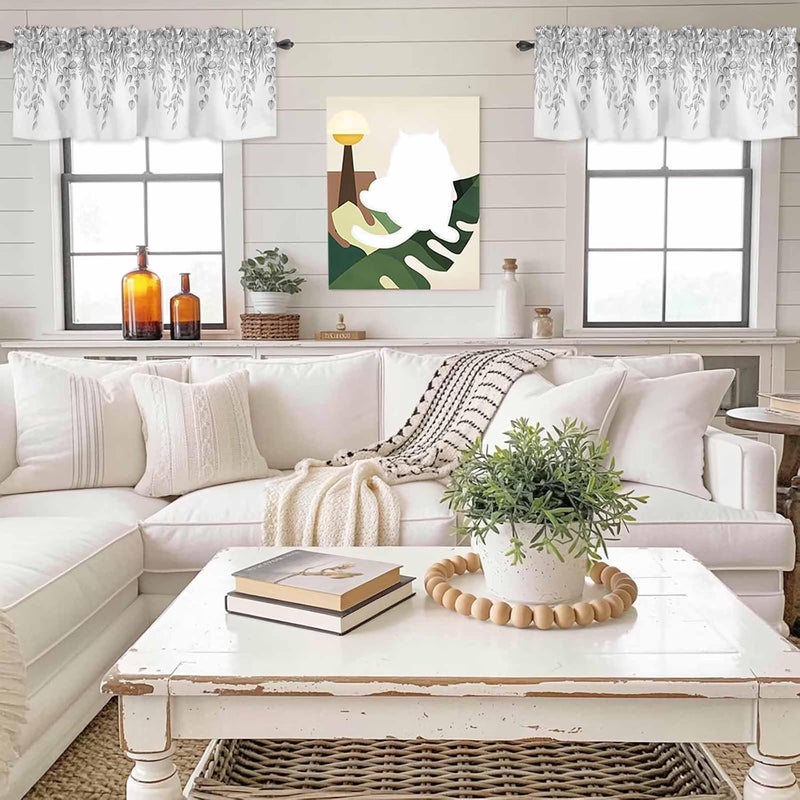 Eucalyptus Leaves Valances for Windows, Short Curtains for Kitchen/Bathroom, Grey Summer Botanical Weeping Rod Pocket Window Treatment for Living Room/Doorway/Bedroom/Cafe Decor Panel 60"x14" - Image 4