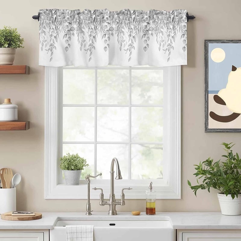 Eucalyptus Leaves Valances for Windows, Short Curtains for Kitchen/Bathroom, Grey Summer Botanical Weeping Rod Pocket Window Treatment for Living Room/Doorway/Bedroom/Cafe Decor Panel 60"x14" - Image 2