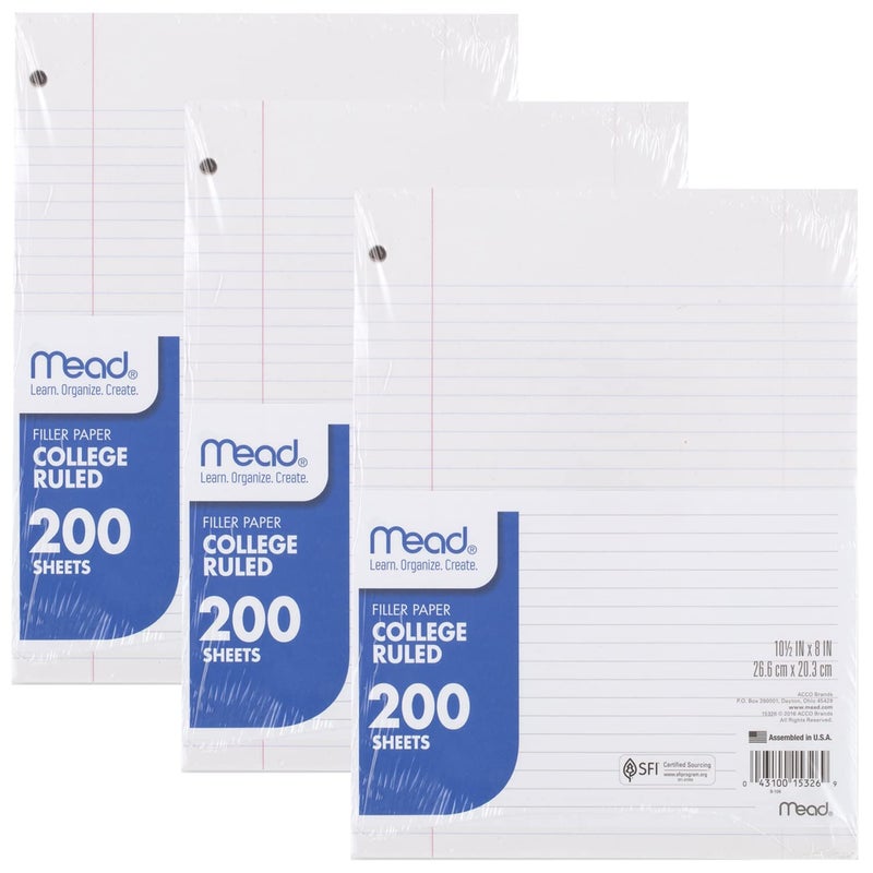 Mead Loose Leaf Paper, 3 Pack, Notebook Paper, College Ruled Filler Paper, Standard, 8 x 10.5, 200 Sheets per Pack (73185) - Image 1