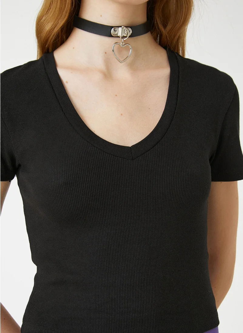 KOTON V-Neck Plain Black Women's T-Shirt 3SAL10132IK