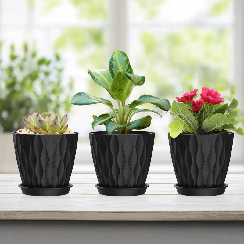 UOUZ 4 Inch Small Pots for Plants, 6 Pack Waffle Texture Small Plant Pots for Succulents, Plastic Planter with Drainage Holes and Saucers for Indoor Outdoor Plants, Flowers, Herbs, Seedlings,Black - Image 3