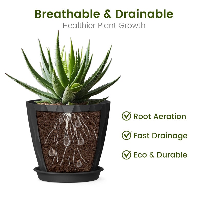 UOUZ 4 Inch Small Pots for Plants, 6 Pack Waffle Texture Small Plant Pots for Succulents, Plastic Planter with Drainage Holes and Saucers for Indoor Outdoor Plants, Flowers, Herbs, Seedlings,Black - Image 4