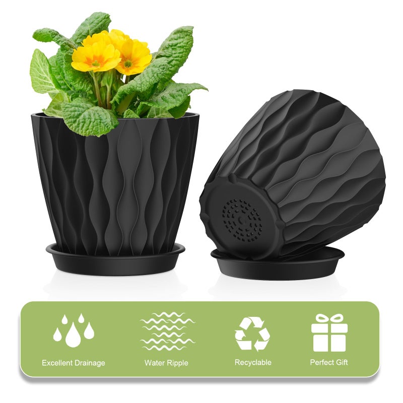 UOUZ 4 Inch Small Pots for Plants, 6 Pack Waffle Texture Small Plant Pots for Succulents, Plastic Planter with Drainage Holes and Saucers for Indoor Outdoor Plants, Flowers, Herbs, Seedlings,Black - Image 5