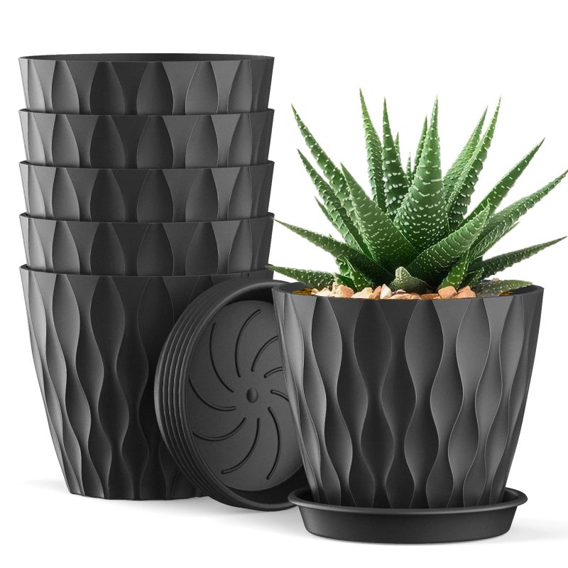UOUZ 4 Inch Small Pots for Plants, 6 Pack Waffle Texture Small Plant Pots for Succulents, Plastic Planter with Drainage Holes and Saucers for Indoor Outdoor Plants, Flowers, Herbs, Seedlings,Black - Image 1