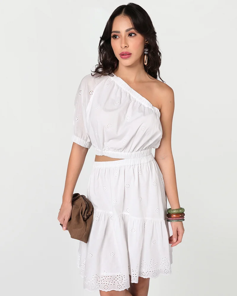بيواكوف Women's White Embroidered Flared Dress