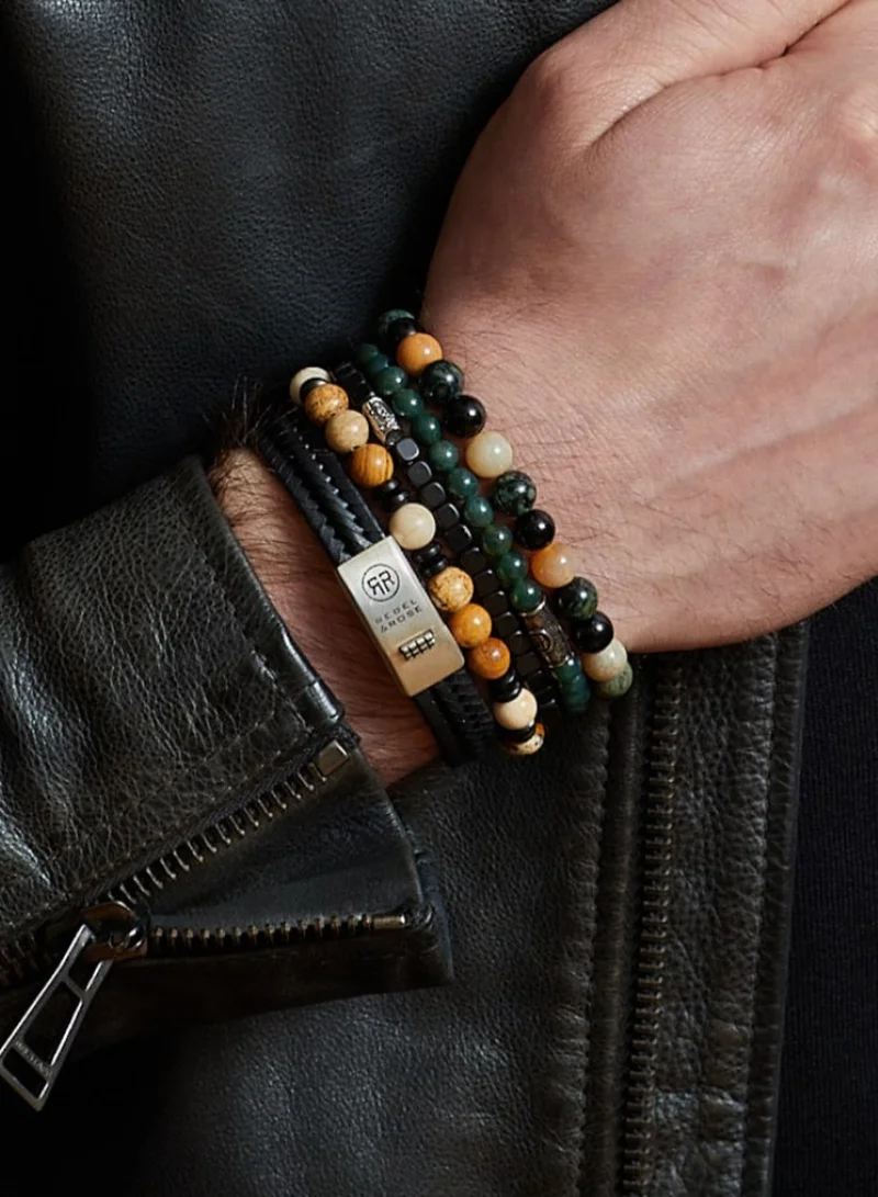 Rebel & Rose Men's Secret Garden Vintage Beaded Bracelet, 6 mm Moss Agate Stones