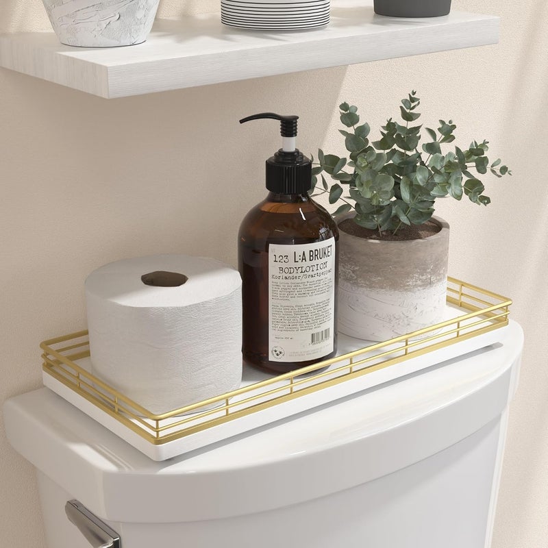 Focusonit Bathroom Toilet Tank Tray, 13" Wood Toilet Paper Storage Basket Tray Back of Toilet Basket Organizer,Vanity Tray for Perfume Makeup Candle Decor, Gold & White - Image 1
