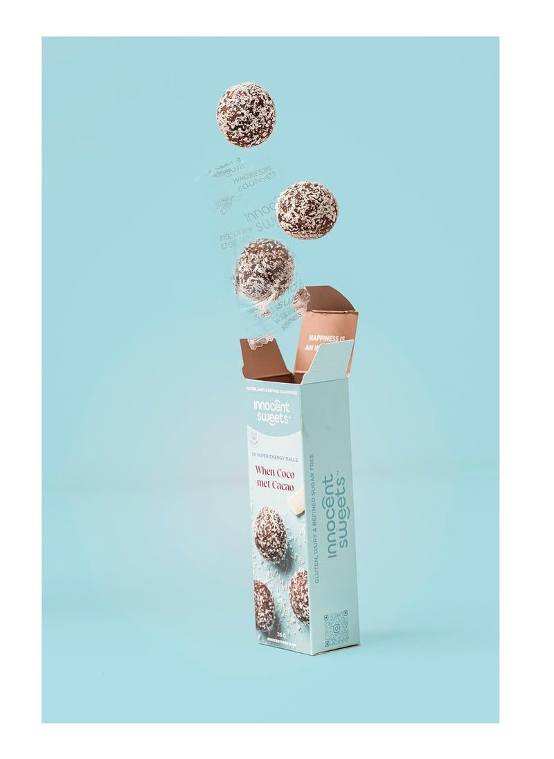 Innocent Sweets - Innocent Sweets Coconut and Cacao Energy Balls, Gluten, Dairy and Refined Sugar Free, 100% Vegan, 36g, 3 Pieces in 1 Packet, Box of 12 Packets - Image 1