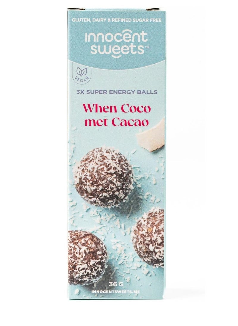 Innocent Sweets - Innocent Sweets Coconut and Cacao Energy Balls, Gluten, Dairy and Refined Sugar Free, 100% Vegan, 36g, 3 Pieces in 1 Packet, Box of 12 Packets - Image 1