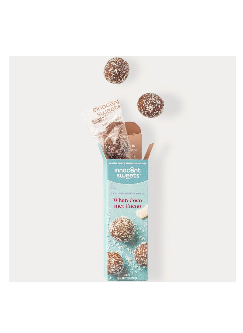 Innocent Sweets - Innocent Sweets Coconut and Cacao Energy Balls, Gluten, Dairy and Refined Sugar Free, 100% Vegan, 36g, 3 Pieces in 1 Packet, Box of 12 Packets - Image 1