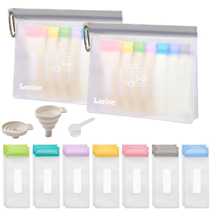Lerine Reusable Protein Powder Container To Go, Protein Powder Travel Container Set, 14Pcs Single Dose Bags & 2Pcs Large Zip Bags, Portable Supplement Storage Containers with Funnel, Spoon - Image 1