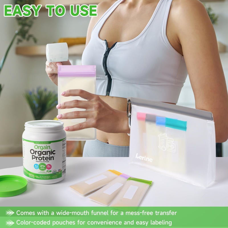 Lerine Reusable Protein Powder Container To Go, Protein Powder Travel Container Set, 14Pcs Single Dose Bags & 2Pcs Large Zip Bags, Portable Supplement Storage Containers with Funnel, Spoon - Image 2