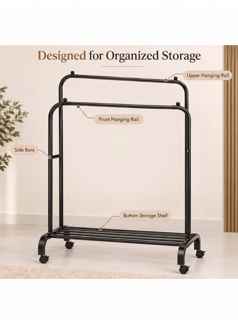Double Garment Rack 140×68×38 cm with Bottom Storage Shelf, Freestanding Metal Clothes Organizer and Shoe Rack for Bedroom and Home - Image 3