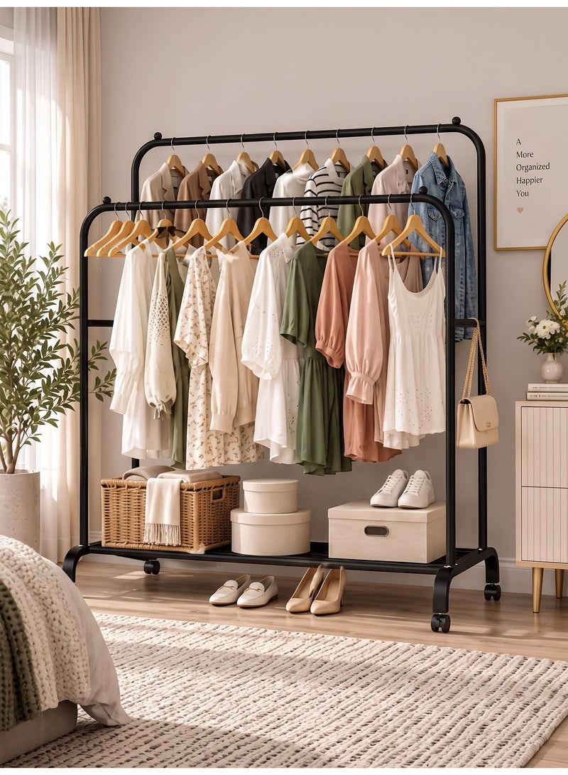 Double Garment Rack 140×68×38 cm with Bottom Storage Shelf, Freestanding Metal Clothes Organizer and Shoe Rack for Bedroom and Home - Image 5