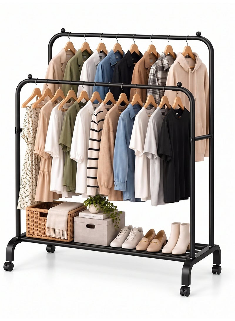Double Garment Rack 140×68×38 cm with Bottom Storage Shelf, Freestanding Metal Clothes Organizer and Shoe Rack for Bedroom and Home - Image 1