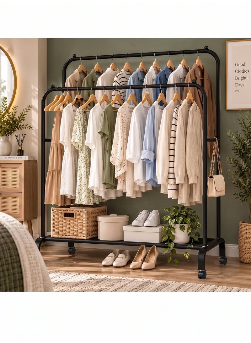 Double Garment Rack 140×68×38 cm with Bottom Storage Shelf, Freestanding Metal Clothes Organizer and Shoe Rack for Bedroom and Home - Image 4