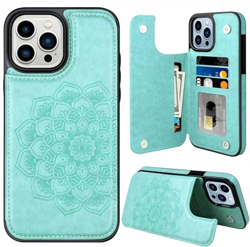 XIMAND for iPhone 16 Pro Max Case with Credit Card Holder,RFID Blocking,PU Flower Leather Double Magnetic Clasp Kickstand Heavy Duty Protective Cover.(Green) - Image 1