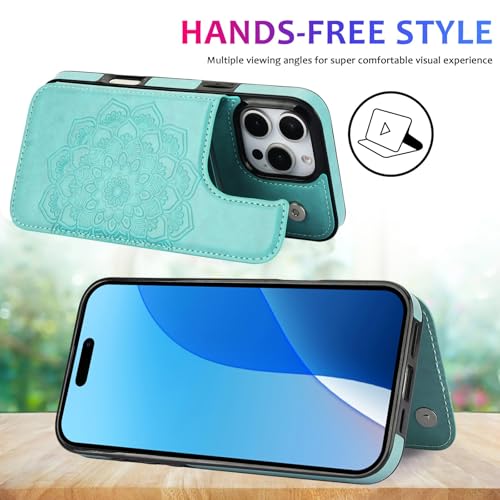 XIMAND for iPhone 16 Pro Max Case with Credit Card Holder,RFID Blocking,PU Flower Leather Double Magnetic Clasp Kickstand Heavy Duty Protective Cover.(Green) - Image 5