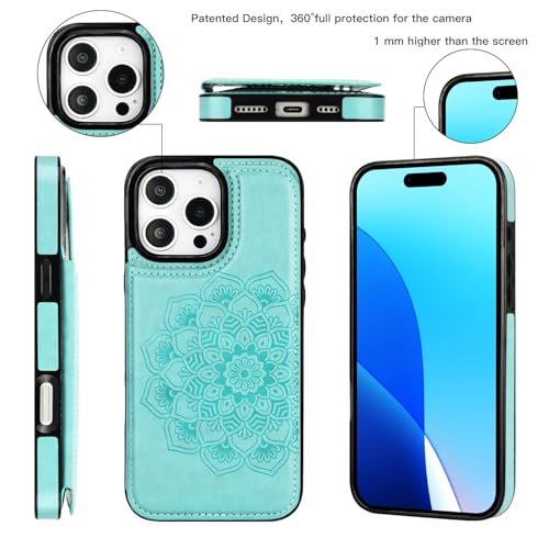XIMAND for iPhone 16 Pro Max Case with Credit Card Holder,RFID Blocking,PU Flower Leather Double Magnetic Clasp Kickstand Heavy Duty Protective Cover.(Green) - Image 3