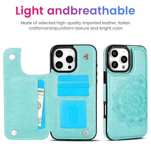 XIMAND for iPhone 16 Pro Max Case with Credit Card Holder,RFID Blocking,PU Flower Leather Double Magnetic Clasp Kickstand Heavy Duty Protective Cover.(Green) - Image 2