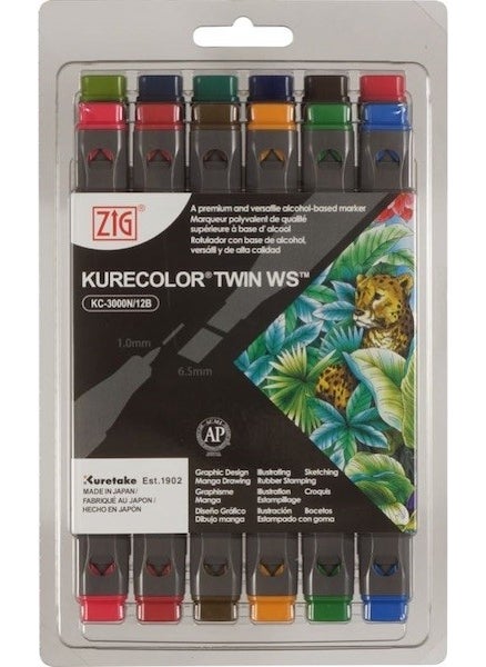 Zig Kurecolor Twin S Double Tip Marker Pen Set 12 Colors Deep Colors 