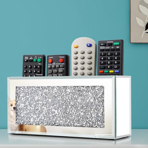Pibeyer Mirrored Remote Control Holder Wall Mount, Silver Crush Diamond Remote Organizer Wall, Decoration Storage Box for Living Room, Bedroom, Home Decor - Image 1