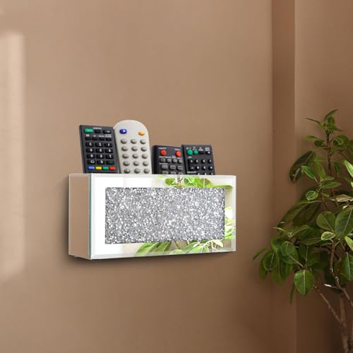 Pibeyer Mirrored Remote Control Holder Wall Mount, Silver Crush Diamond Remote Organizer Wall, Decoration Storage Box for Living Room, Bedroom, Home Decor - Image 5