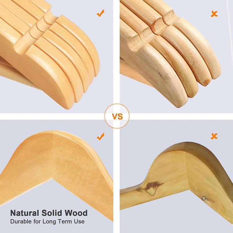 Habbaa Wooden Hangers | Natural Wooden Hangers for Wardrobe | Suit Hangers with Extra Smooth Finish | Precisely Cut Notches and Chrome Hook | Cloth Hangers for Shirt Coat Jacket Dress | (Pack of 20) - Image 4