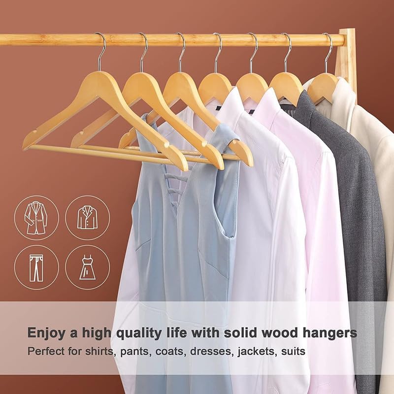 Habbaa Wooden Hangers | Natural Wooden Hangers for Wardrobe | Suit Hangers with Extra Smooth Finish | Precisely Cut Notches and Chrome Hook | Cloth Hangers for Shirt Coat Jacket Dress | (Pack of 20) - Image 2