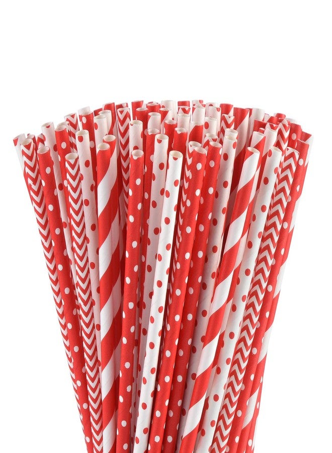 ALINK Biodegradable Red Paper Straws Bulk - 100 Dots/Stripes/Waves Straws for Beverage, Christmas, Holiday, Birthday, Wedding, Baby/Bridal Shower, Party and Decoration - Image 1