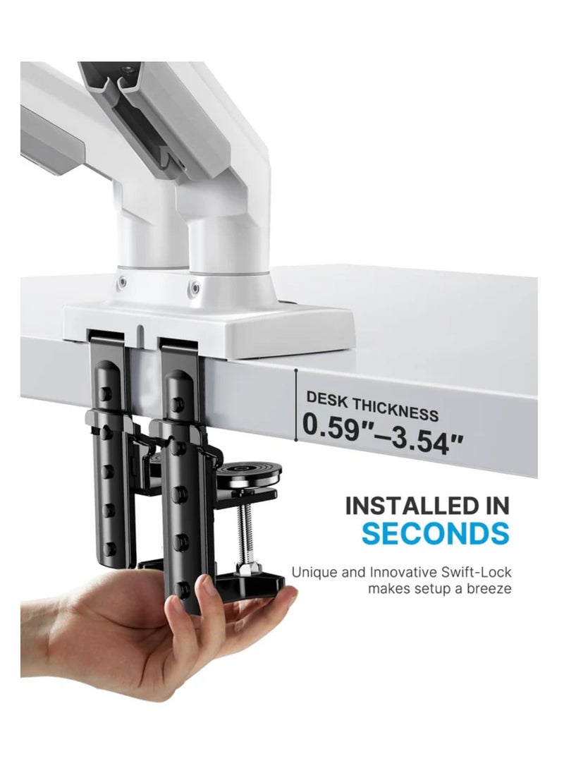 HUANUO - HNDS6W-1 Dual Monitor Stand - Full Adjustable Monitor Desk Mount Swivel Vesa Bracket with C Clamp, Grommet Mounting Base for 13 to 30 Inch Computer Screens - Each Arm Holds 4.4 to 19.8lbs White - Image 1