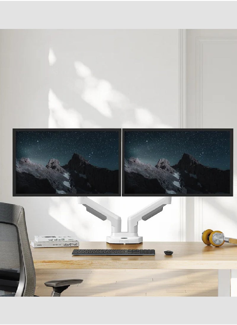 HUANUO - HNDS6W-1 Dual Monitor Stand - Full Adjustable Monitor Desk Mount Swivel Vesa Bracket with C Clamp, Grommet Mounting Base for 13 to 30 Inch Computer Screens - Each Arm Holds 4.4 to 19.8lbs White - Image 1
